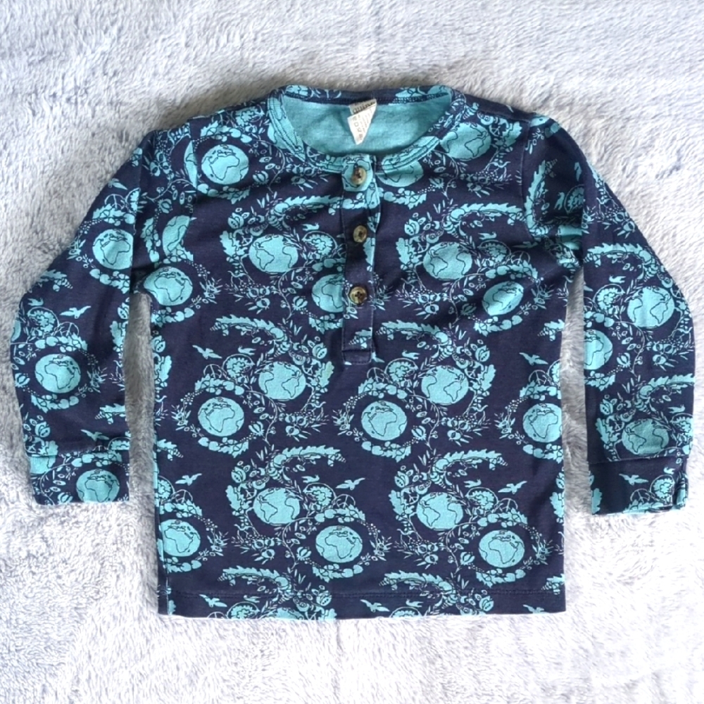 3T Kate Quinn Organics 🌎 Long Sleeve Henley Shirt World Peace Blue Cotton